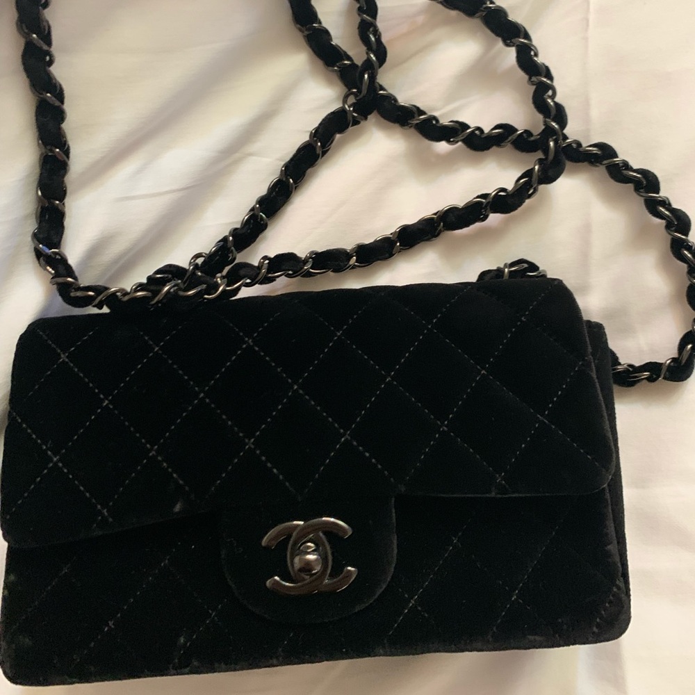 Chanel black mini velvet crossbody with ruthenium hardware - new!!